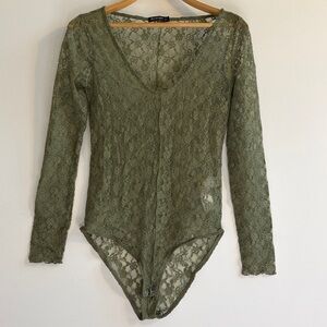 STRADIVARIUS Lace bodysuit, sheer, olive green, feminine and romantic. Like new